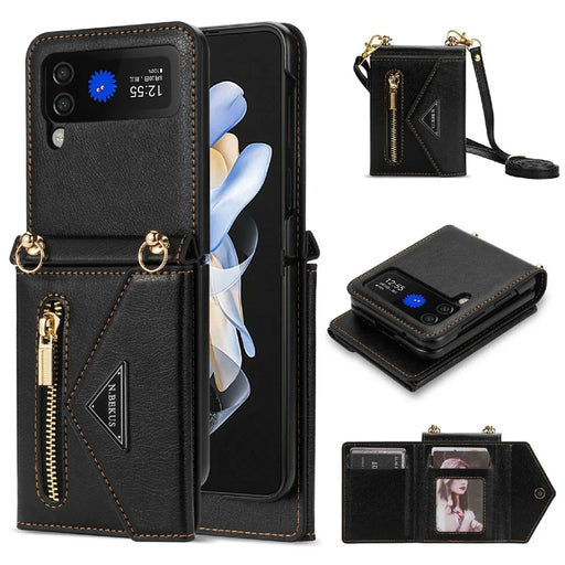 N.BEKUS PU Leather Coated PC Case for Samsung Galaxy Z Flip3 5G, Drop Proof Card Slots Holder Zipper Pocket Protective Back Cover with Shoulder Strap - Black - 1