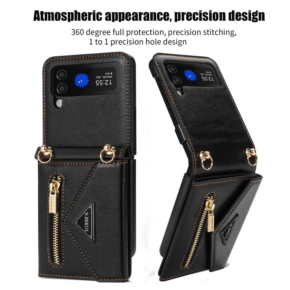 N.BEKUS PU Leather Coated PC Case for Samsung Galaxy Z Flip3 5G, Drop Proof Card Slots Holder Zipper Pocket Protective Back Cover with Shoulder Strap - Black - 4