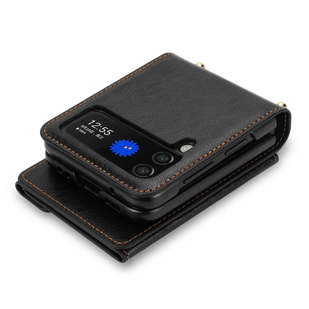 N.BEKUS PU Leather Coated PC Case for Samsung Galaxy Z Flip3 5G, Drop Proof Card Slots Holder Zipper Pocket Protective Back Cover with Shoulder Strap - Black - 6