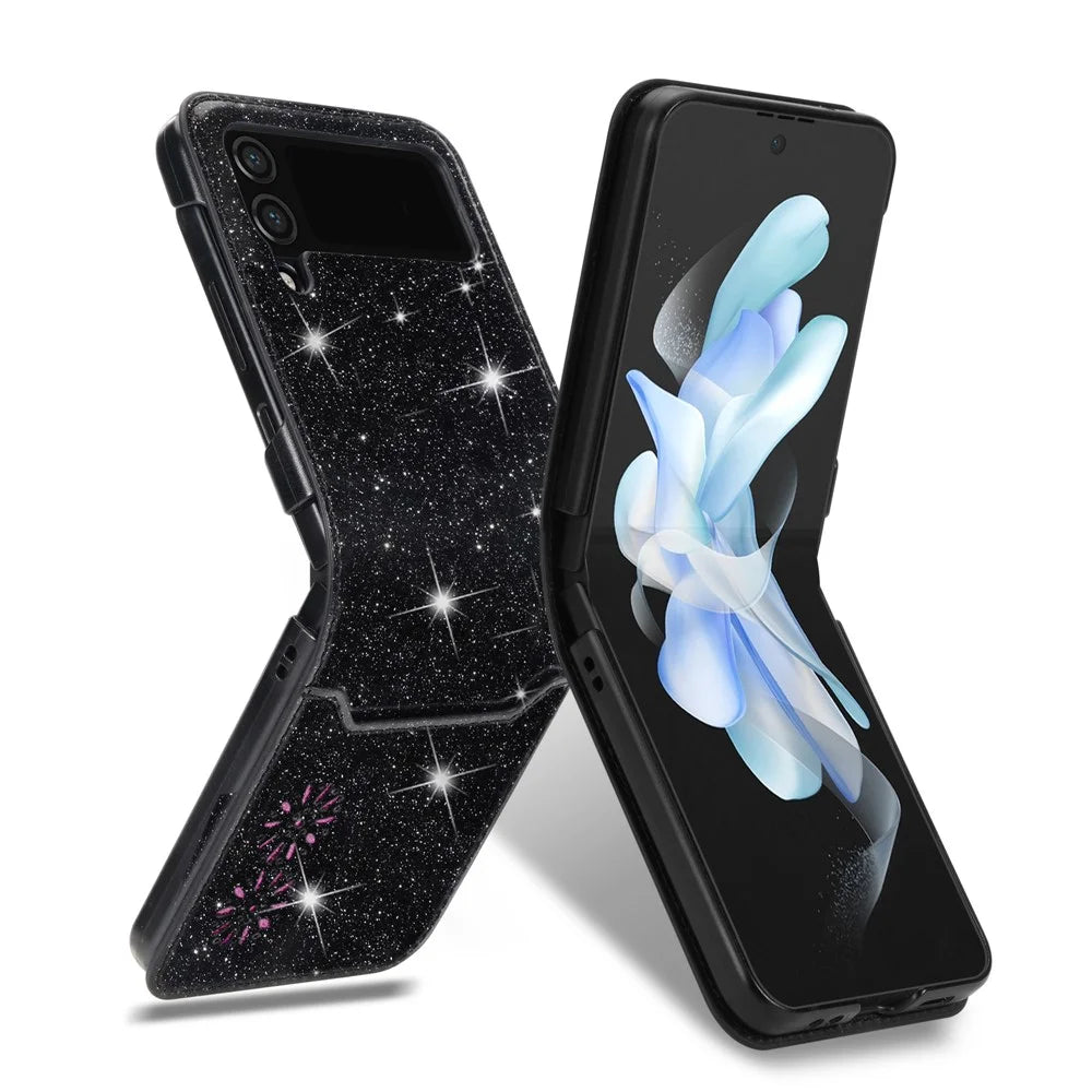 For Samsung Galaxy Z Flip4 5G Card Slot Design Laser Carving Glittery Starry Style PU Leather Coated Hard PC Case Back Cover - Black - 2