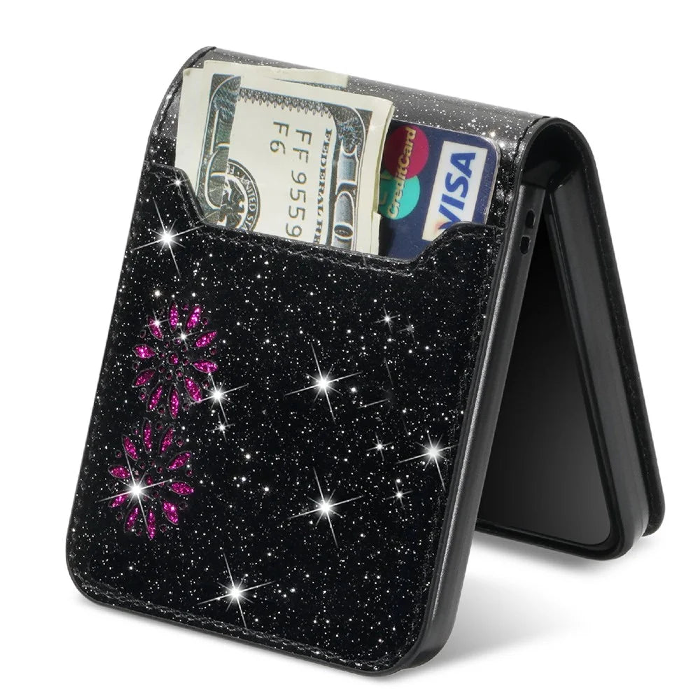 For Samsung Galaxy Z Flip4 5G Card Slot Design Laser Carving Glittery Starry Style PU Leather Coated Hard PC Case Back Cover - Black - 3