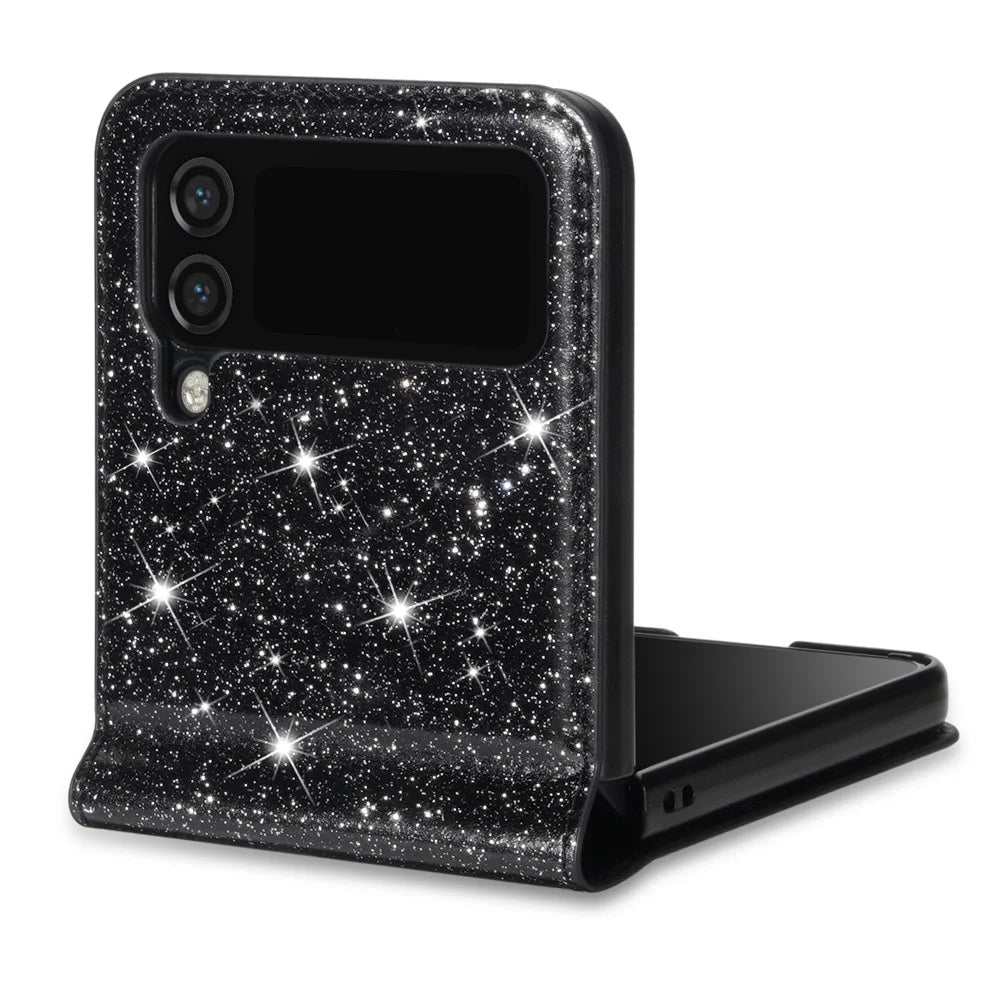 For Samsung Galaxy Z Flip4 5G Card Slot Design Laser Carving Glittery Starry Style PU Leather Coated Hard PC Case Back Cover - Black - 5