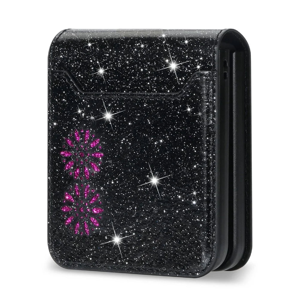 For Samsung Galaxy Z Flip4 5G Card Slot Design Laser Carving Glittery Starry Style PU Leather Coated Hard PC Case Back Cover - Black - 6