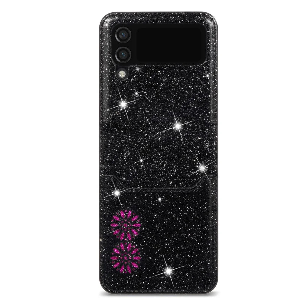 For Samsung Galaxy Z Flip4 5G Card Slot Design Laser Carving Glittery Starry Style PU Leather Coated Hard PC Case Back Cover - Black - 7