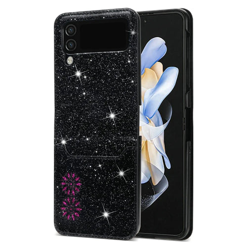 For Samsung Galaxy Z Flip3 5G Card Slot Design Laser Carving Glittery Starry Style PU Leather Coated Hard PC Case Shockproof Back Cover - Black - 1