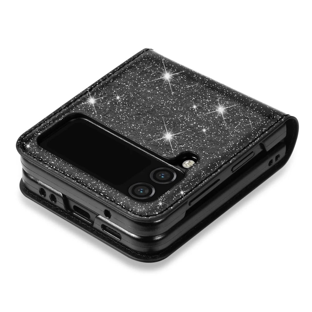 For Samsung Galaxy Z Flip3 5G Card Slot Design Laser Carving Glittery Starry Style PU Leather Coated Hard PC Case Shockproof Back Cover - Black - 4