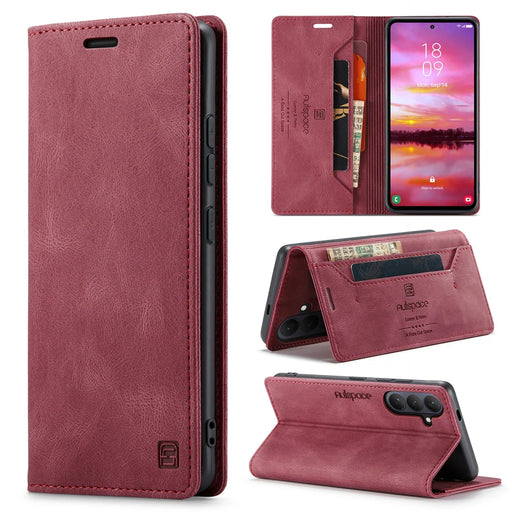 AUTSPACE for Samsung Galaxy S26 Wallet Case  A01 Leather Stand Cover with RFID Blocking Card Holder - Wine Red - 1