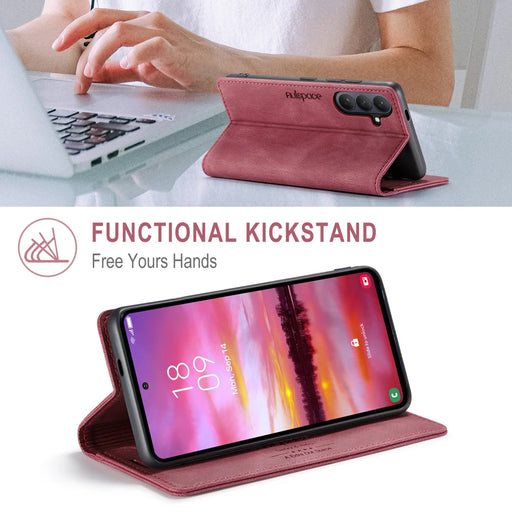 AUTSPACE for Samsung Galaxy S26 Wallet Case  A01 Leather Stand Cover with RFID Blocking Card Holder - Wine Red - 2