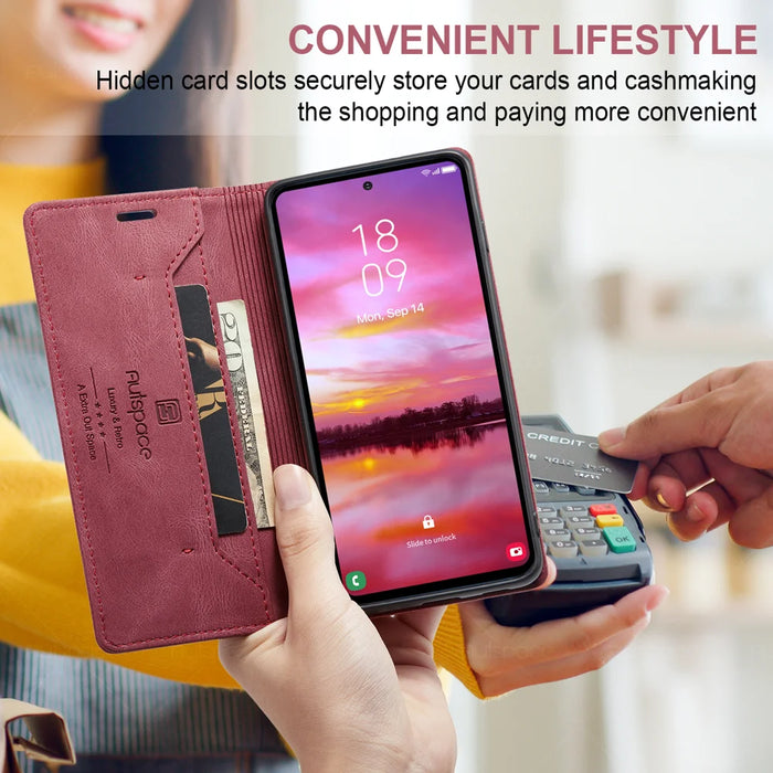 AUTSPACE for Samsung Galaxy S26 Wallet Case  A01 Leather Stand Cover with RFID Blocking Card Holder - Wine Red - 6