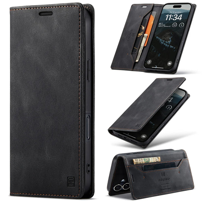 AUTSPACE for iPhone 17 Wallet Case  A01 Leather Stand Cover with RFID Blocking Card Holder - Black - 1