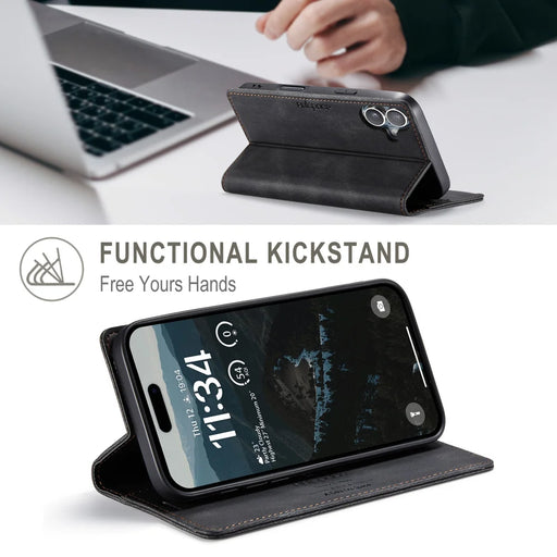 AUTSPACE for iPhone 17 Wallet Case  A01 Leather Stand Cover with RFID Blocking Card Holder - Black - 2