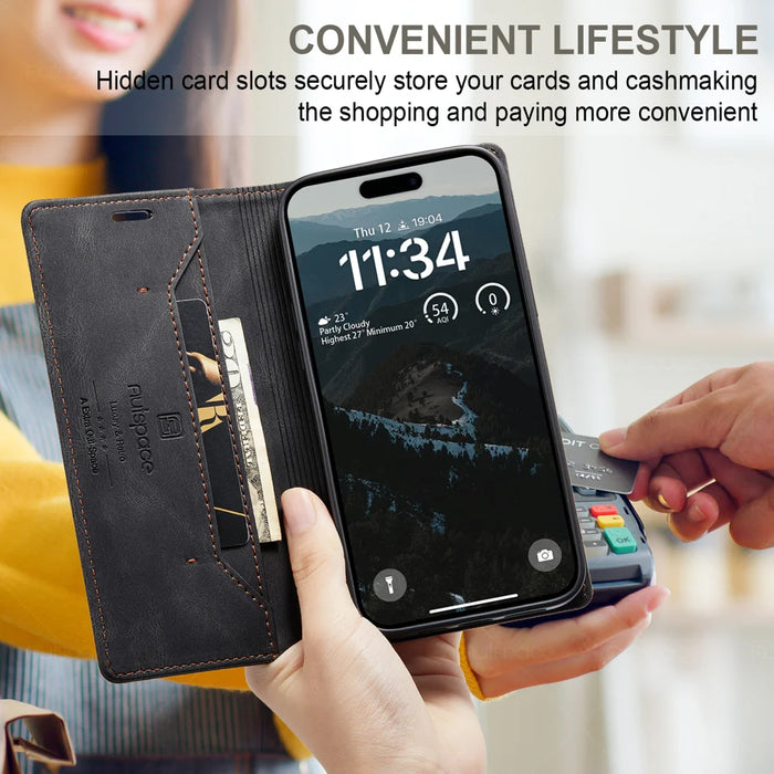 AUTSPACE for iPhone 17 Wallet Case  A01 Leather Stand Cover with RFID Blocking Card Holder - Black - 6