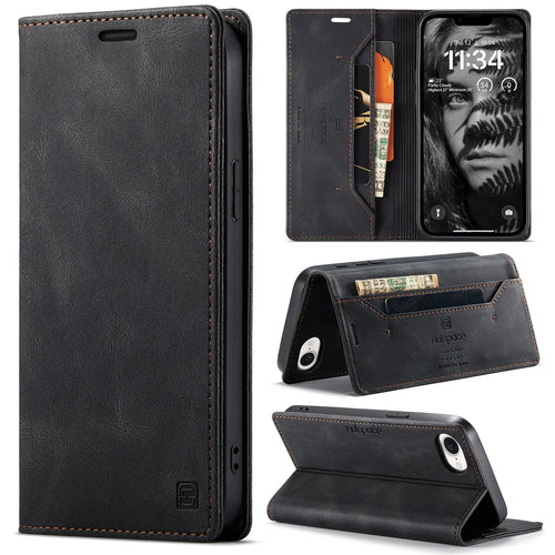 AUTSPACE for iPhone 16e / iPhone 17e Wallet Case  A01 Leather Stand Cover with RFID Blocking Card Holder - Black - 1