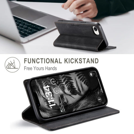 AUTSPACE for iPhone 16e / iPhone 17e Wallet Case  A01 Leather Stand Cover with RFID Blocking Card Holder - Black - 2