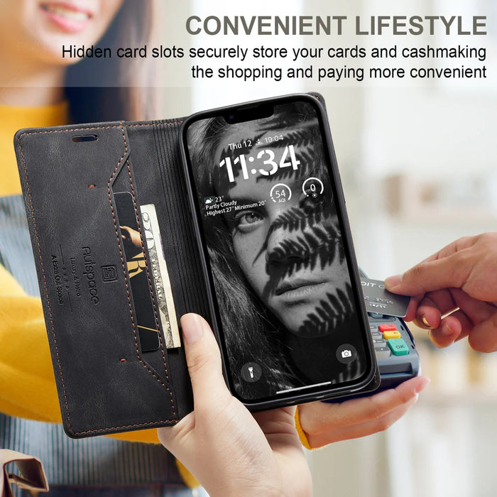 AUTSPACE for iPhone 16e / iPhone 17e Wallet Case  A01 Leather Stand Cover with RFID Blocking Card Holder - Black - 6