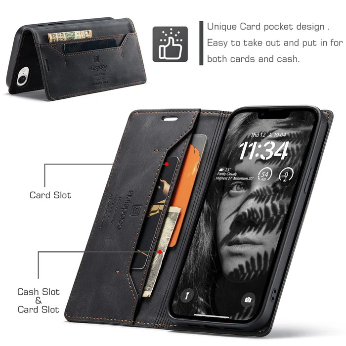 AUTSPACE for iPhone 16e / iPhone 17e Wallet Case  A01 Leather Stand Cover with RFID Blocking Card Holder - Black - 7