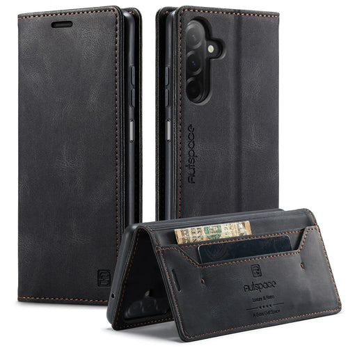 AUTSPACE for Samsung Galaxy A18 5G / A18 4G / A17 5G / A17 4G / A26 5G Wallet Case  A01 Leather Stand Cover with RFID Blocking Card Holder - Black - 1