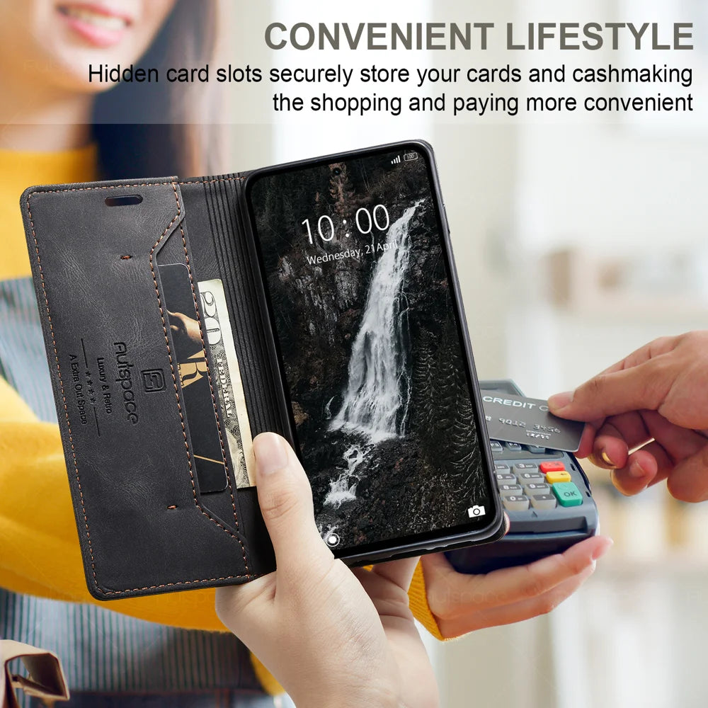 AUTSPACE for Samsung Galaxy A18 5G / A18 4G / A17 5G / A17 4G / A26 5G Wallet Case  A01 Leather Stand Cover with RFID Blocking Card Holder - Black - 6