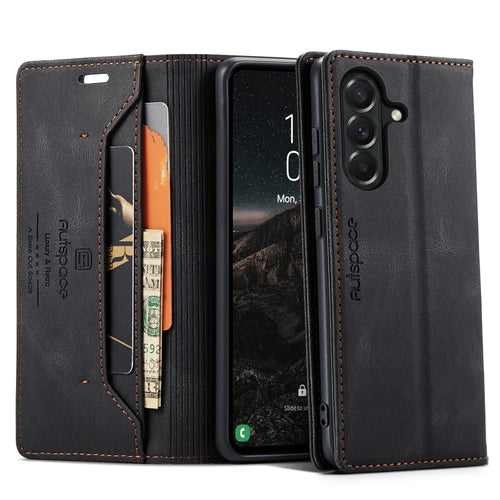 AUTSPACE for Samsung Galaxy A57 5G Wallet Case  A01 Leather Stand Cover with RFID Blocking Card Holder - Black - 1