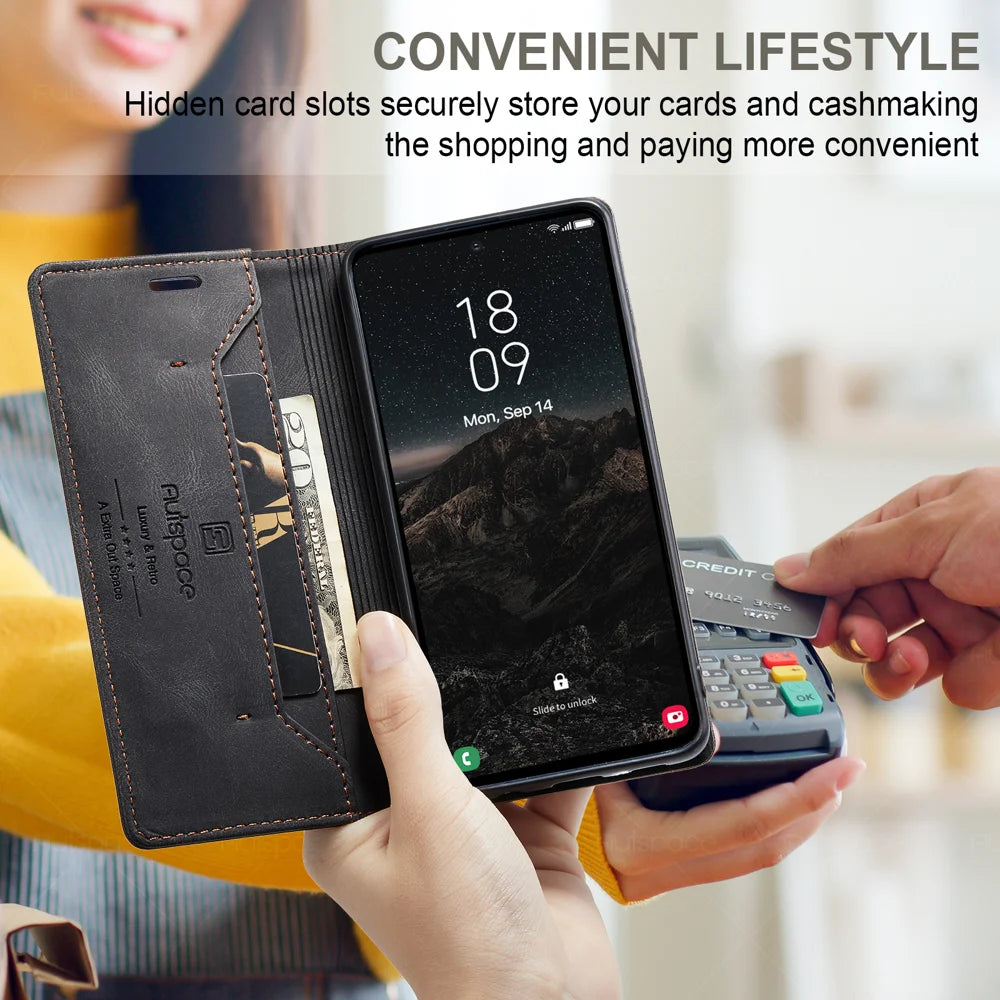 AUTSPACE for Samsung Galaxy A57 5G Wallet Case  A01 Leather Stand Cover with RFID Blocking Card Holder - Black - 6