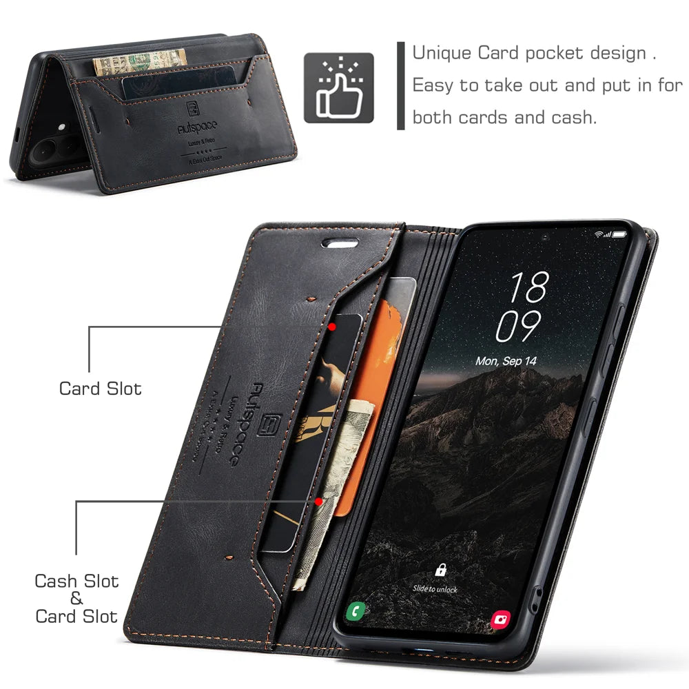 AUTSPACE for Samsung Galaxy A57 5G Wallet Case  A01 Leather Stand Cover with RFID Blocking Card Holder - Black - 7