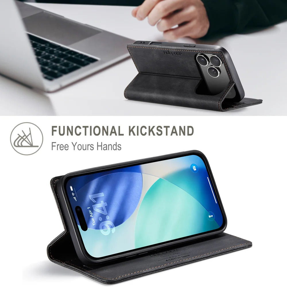 AUTSPACE for iPhone 17 Pro Wallet Case  A01 Leather Stand Cover with RFID Blocking Card Holder - Black - 2