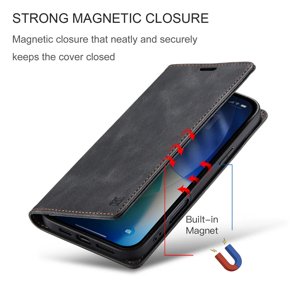 AUTSPACE for iPhone 17 Pro Wallet Case  A01 Leather Stand Cover with RFID Blocking Card Holder - Black - 5