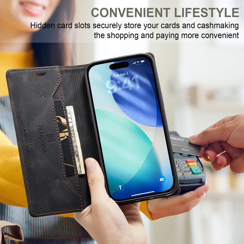 AUTSPACE for iPhone 17 Pro Wallet Case  A01 Leather Stand Cover with RFID Blocking Card Holder - Black - 6