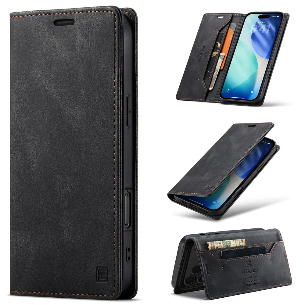 AUTSPACE for iPhone 17 Pro Max Wallet Case  A01 Leather Stand Cover with RFID Blocking Card Holder - Black - 1