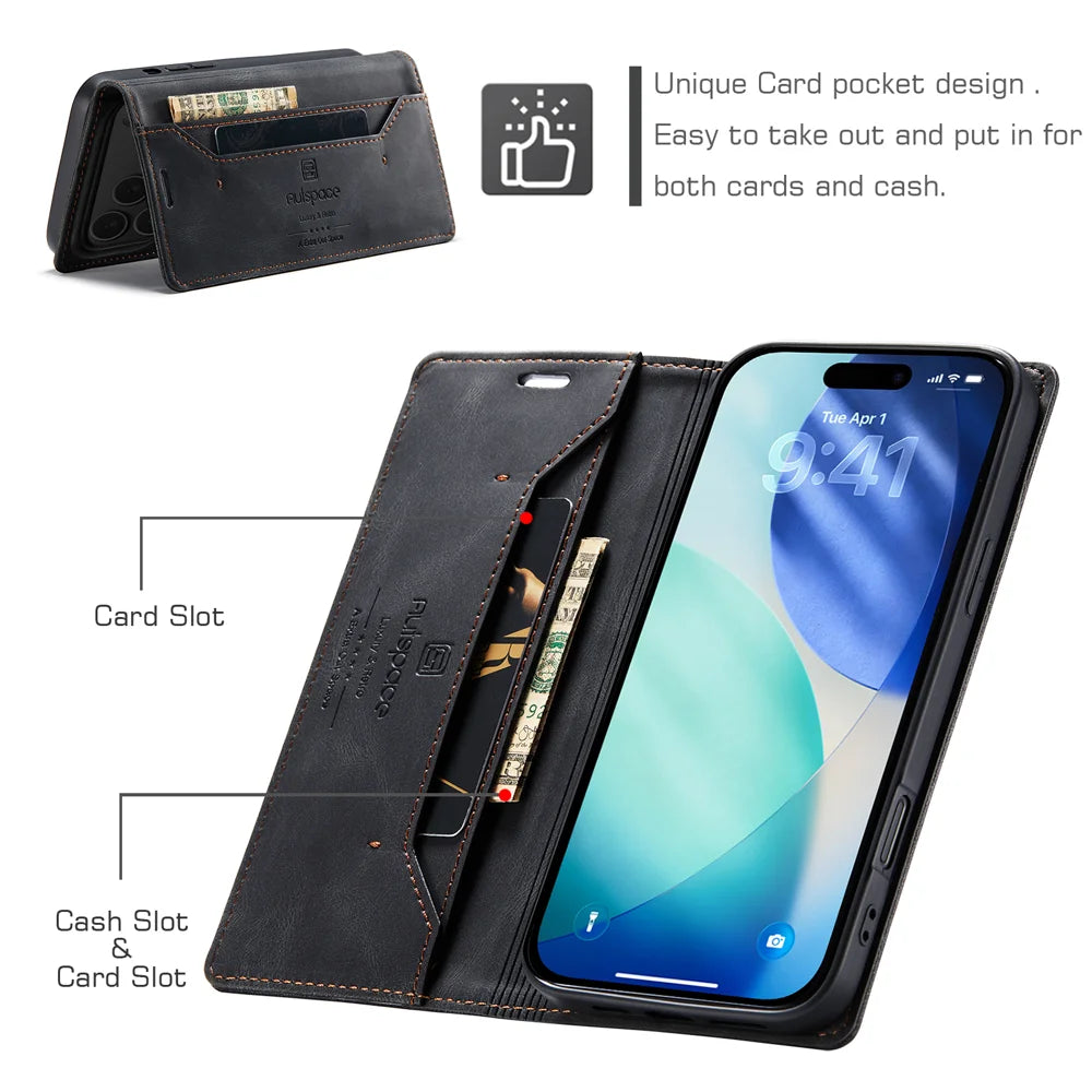 AUTSPACE for iPhone 17 Pro Max Wallet Case  A01 Leather Stand Cover with RFID Blocking Card Holder - Black - 7