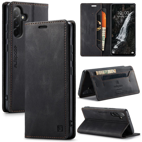 AUTSPACE for Samsung Galaxy A37 5G Wallet Case  A01 Leather Stand Cover with RFID Blocking Card Holder - Black - 1