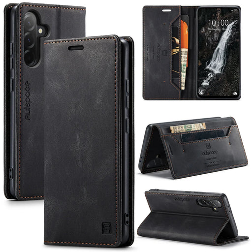 AUTSPACE for Samsung Galaxy A37 5G Wallet Case  A01 Leather Stand Cover with RFID Blocking Card Holder - Black - 1