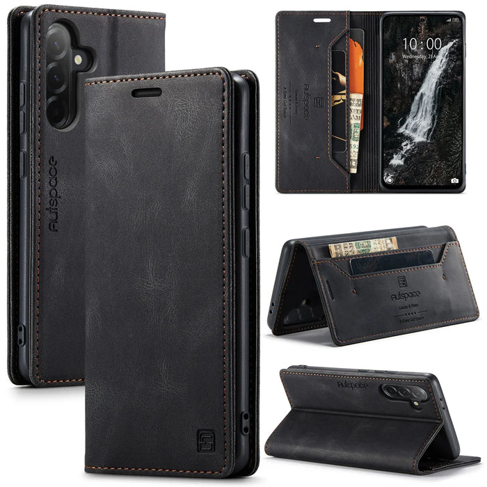 AUTSPACE for Samsung Galaxy A37 5G Wallet Case  A01 Leather Stand Cover with RFID Blocking Card Holder - Black - 1