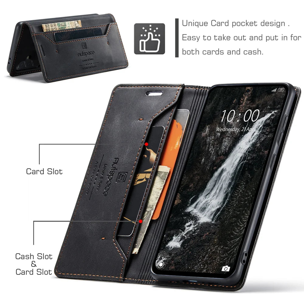 AUTSPACE for Samsung Galaxy A37 5G Wallet Case  A01 Leather Stand Cover with RFID Blocking Card Holder - Black - 7