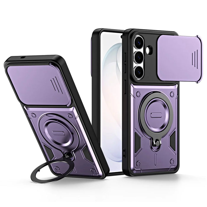 For Samsung Galaxy A27 5G Case with Slide Lens Cover Rotatable Kickstand Shockproof TPU + PC Phone Shell - Purple - 1