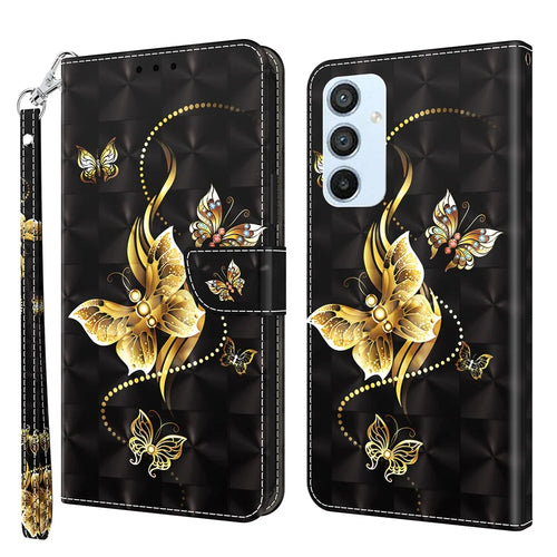 For Samsung Galaxy A54 5G Flip Phone Case, Anti-fall PU Leather 3D Pattern Printing Phone Cover Stand Wallet with Strap - Golden Butterfly - 1