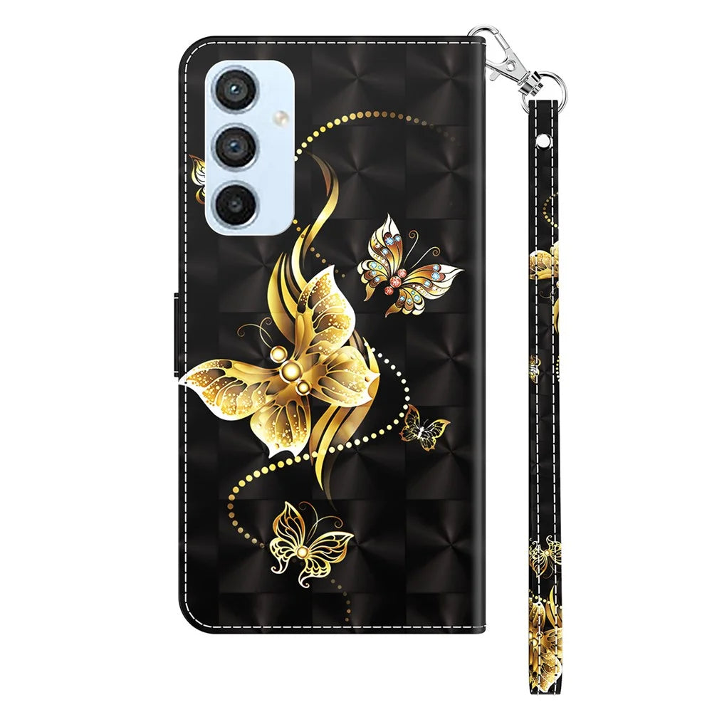 For Samsung Galaxy A54 5G Flip Phone Case, Anti-fall PU Leather 3D Pattern Printing Phone Cover Stand Wallet with Strap - Golden Butterfly - 7