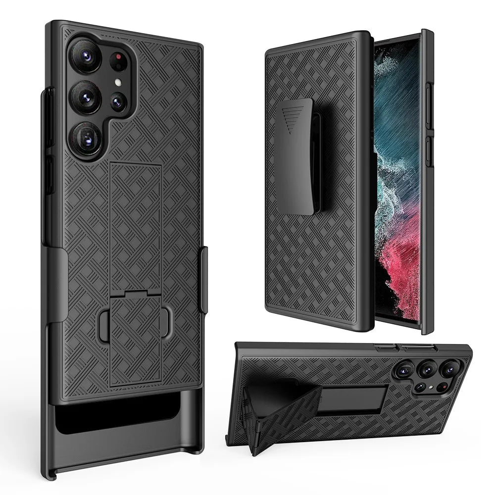 For Samsung Galaxy S23 Ultra Drop Proof Woven Texture Clip Kickstand PC + TPU Case Sliding Screen Cover Phone Protector - 1