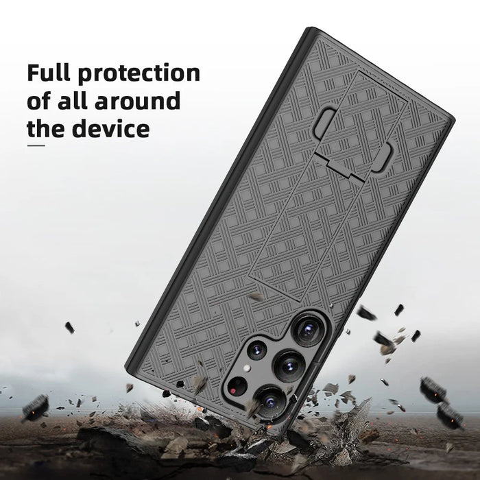 For Samsung Galaxy S23 Ultra Drop Proof Woven Texture Clip Kickstand PC + TPU Case Sliding Screen Cover Phone Protector - 4