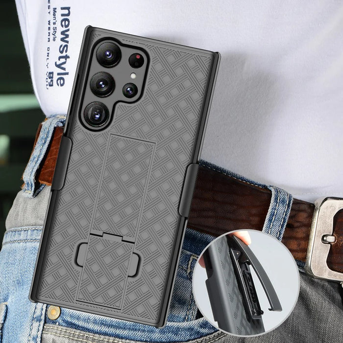 For Samsung Galaxy S23 Ultra Drop Proof Woven Texture Clip Kickstand PC + TPU Case Sliding Screen Cover Phone Protector - 5