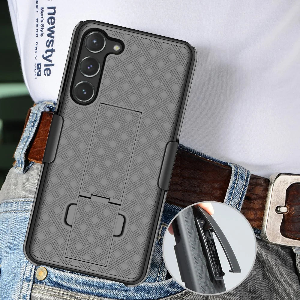 For Samsung Galaxy S23 Shockproof Woven Texture Clip Kickstand PC + TPU Case Sliding Screen Cover Phone Protector - 4