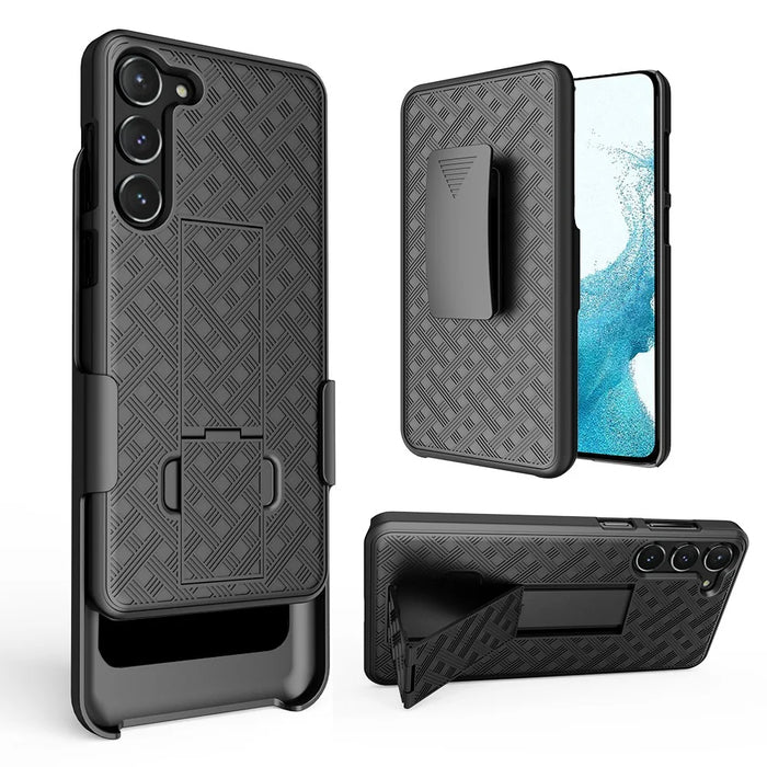 for Samsung Galaxy S23+ Bump Proof Woven Texture Clip Kickstand PC + TPU Case Sliding Screen Cover Phone Protector - 1