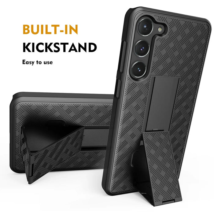 for Samsung Galaxy S23+ Bump Proof Woven Texture Clip Kickstand PC + TPU Case Sliding Screen Cover Phone Protector - 3