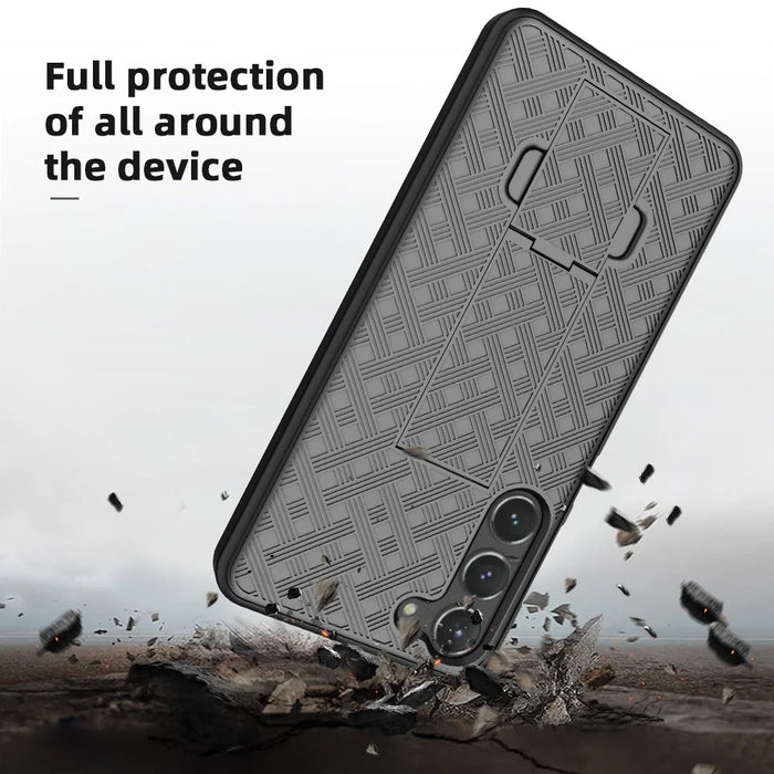 for Samsung Galaxy S23+ Bump Proof Woven Texture Clip Kickstand PC + TPU Case Sliding Screen Cover Phone Protector - 5