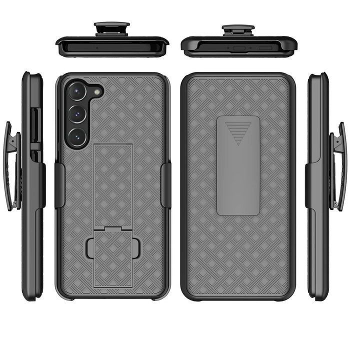 for Samsung Galaxy S23+ Bump Proof Woven Texture Clip Kickstand PC + TPU Case Sliding Screen Cover Phone Protector - 6
