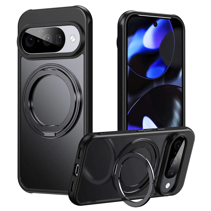 For Google Pixel 11 Pro XL Case Rotating Kickstand PC + TPU Skin-Feel Phone Cover - Black - 1