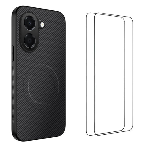 WANLONFENG for Honor X7e 4G TQ1 Series Magnetic Case Carbon Fiber Texture PC TPU Phone Cover with 2Pcs Screen Films - Black - 1