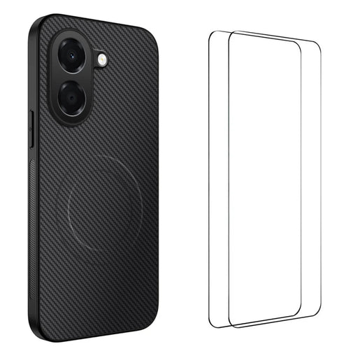 WANLONFENG for Honor X7e 4G TQ1 Series Magnetic Case Carbon Fiber Texture PC TPU Phone Cover with 2Pcs Screen Films - Black - 1