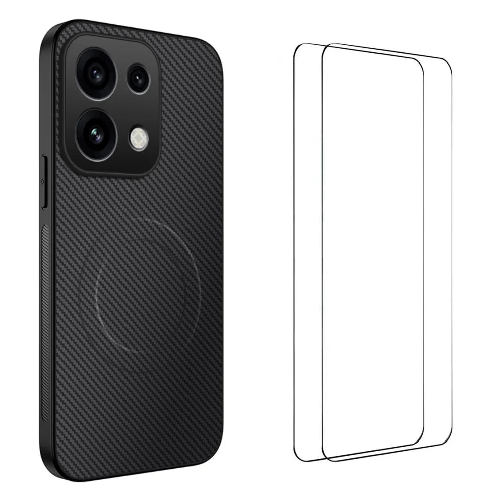 WANLONFENG for Oppo Reno16 FS 5G / Oppo Reno16 F 5G TQ1 Series Magnetic Case Carbon Fiber Texture PC TPU Phone Cover with 2Pcs Screen Films - Black - 1