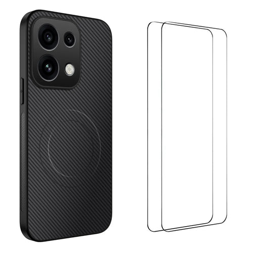 WANLONFENG for Oppo Reno16 FS 5G / Oppo Reno16 F 5G TQ1 Series Magnetic Case Carbon Fiber Texture PC TPU Phone Cover with 2Pcs Screen Films - Black - 1